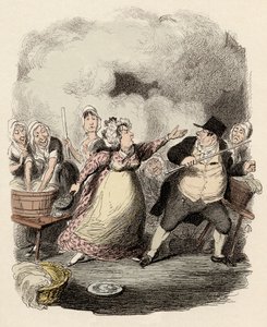 Im Hospiz wird Monsieur Bumble von seiner Frau, Madame Corney, schwer zurückgewiesen - Mr Bumble in den Augen der Armen erniedrigt - Illustration für „Oliver Twist“ (Die Abenteuer von Oliver Twist) von Charles Dickens (1812-1870), von George Cruikshank