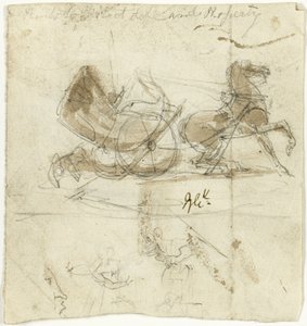 Karikatur von Selbst (recto); Kutsche von einem Pferd geworfen, mit anderen Skizzen (verso)