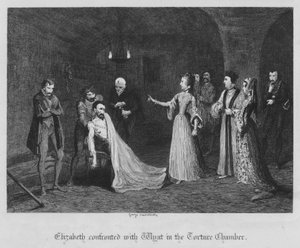 Elizabeth konfrontiert mit Wyat in der Folterkammer (Gravur)