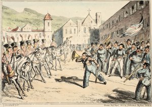 Jacks Trompete der Herausforderung, aus Greenwich Hospital, eine Serie von Marine-Skizzen, die das Leben eines Kriegsschiffsmannes beschreiben, veröffentlicht 1826 (handkolorierte Gravur)