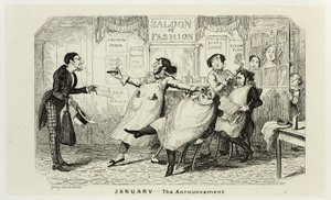 Januar - Die Ankündigung aus George Cruikshanks Stahlradierungen für The Comic Almanacks: 1835-1853 von George Cruikshank