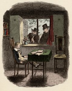 Monks und Fagin beobachten Oliver, der in der Maylie-Bibliothek schläft - Illustration für „Oliver Twist“ von Charles Dickens, von George Cruikshank