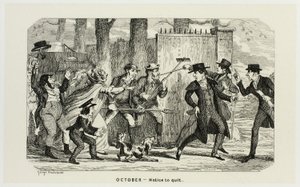 Oktober - Kündigung aus George Cruikshanks Stahlradierungen zu The Comic Almanacks: 1835-1853