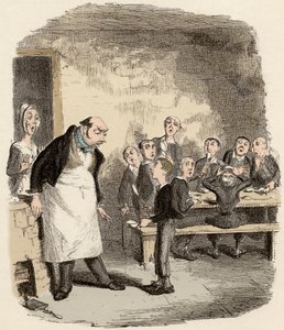 Oliver soll den Aufseher des Kinderhospizes um zusätzliches Essen bitten - Illustration für „Oliver Twist“ von Charles Dickens (1812-1870)