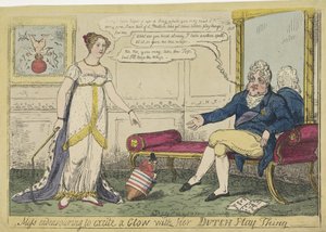 Prinzessin Charlotte spielt mit ihrem holländischen Kreisel, 1814 Miss endeavouring to excite a Glow with her Dutch Play Thing von George Cruikshank
