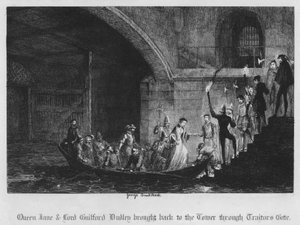 Königin Jane und Lord Guilford Dudley werden durch das Verrätertor in den Turm zurückgebracht (Gravur)