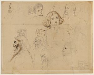 Grobe Skizze für einige der Charaktere in Trilby, einschließlich Trilby und Svengali von George du Maurier