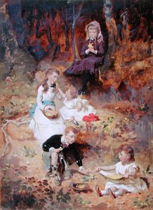 Fünf Kinder spielen im Wald von George Elgar Hicks