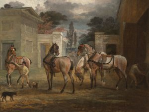 Vier Rappen-Kutschpferde mit zwei Stallknechten, 1792