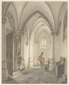 Kircheninterieur mit einem Mann, der einer Bettlerin ein Almosen gibt