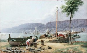 Nachmittag - Hastings Landing. Palisade Rocks im Schatten, New York, ca. 1836