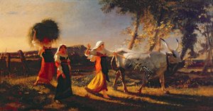 Italienische Bäuerinnen in der Campagna, die einen Ochsen treiben