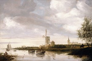 Flusslandschaft mit Lastkähnen und Segelbooten und einer Kirche im Hintergrund von George Henry Clements