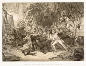 Horatio Nelson besteigt die San Josef in der Schlacht von Kap St. Vincent, 14. Februar 1797, graviert von John Crew nach dem Original in der Greenwich Hospital Collection