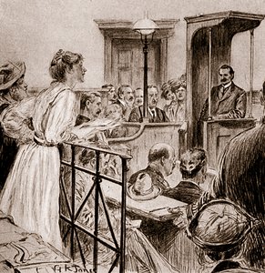 Miss Christabel Pankhurst befragt Mr. Herbert Gladstone, 1909 (Zeichnung) von George Kingston Jones
