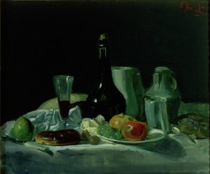 Stillleben - Flasche und Obst von George Leslie Hunter