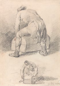 Ein Mann hebt einen Koffer, zwei Studien auf einem Blatt von George Morland