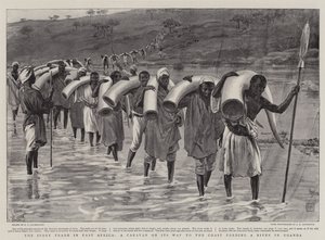 Der Elfenbeinhandel in Ostafrika, eine Karawane auf dem Weg zur Küste, die einen Fluss in Uganda durchquert