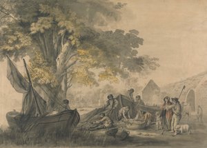 Boote, Fischer und Bauern nahe einem Wehr