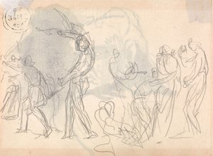 Figurenkompositionsstudie, Männer wehren einen Angriff auf ihre Familien ab von George Romney