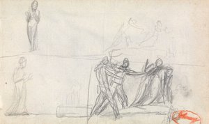 Gruppenszene und zwei Skizzen einer stehenden Figur von George Romney