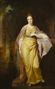 Porträt von Mrs. Ellen Morewood, Ganzfigur, in einem gelben Kleid, blauer Schärpe und lila Umhang, ihren linken Arm auf ein Podest lehnend von George Romney