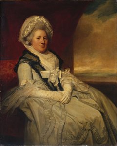 Porträt von Mrs. Uppleby, sitzend, Dreiviertelfigur, in einem weißen Kleid und einer Haube mit schwarzem Schal von George Romney