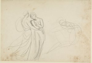 Zwei weibliche Figuren vor einer sitzenden, Studie für Zwei Mädchen, die eine Wahrsagerin konsultieren von George Romney