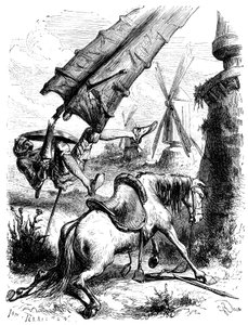 Kampf gegen die Windmühlen: Don Quixote und Rossinante werden vom Flügel einer Mühle zu Boden geworfen