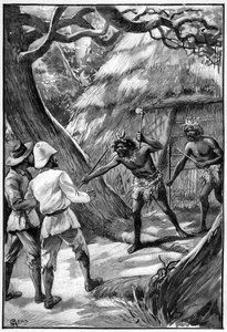 Illustration von George Roux für das Buch von Jules Verne Das Luftdorf (1901), Hetzel-Ausgabe/Extraordinäre Reisen, Bekannte und Unbekannte Welten. Zwei Wagdiss-Wächter bedrohen Entdecker mit ihren verzweigten Waffen