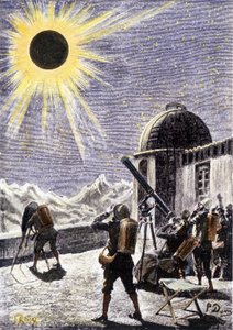 Menschen beobachten die Sonnenfinsternis - in „Die Exilanten der Erde“ von André Laurie, Illustration von Georges Roux. Editions Hetzel