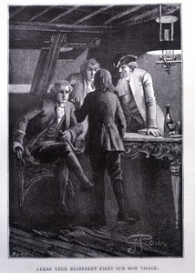 Geschichtsszene auf dem Schiffplatz: junger Jim Hawkins vor Dr. Livesey und dem Chevalier Trelawnay - in Stevensons „Die Schatzinsel“ von George Roux