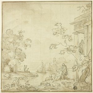 Hafenszene mit Figuren, Tempel