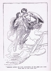 Perseus hob seine schöne Andromeda in seine Arme und floh mit ihr zu den Klippen, aus The Heroes, veröffentlicht von George Allen und Unwin 1929 von George Soper