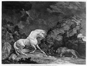 Ein Pferd erschreckt von einem Löwen, graviert vom Künstler, 1777