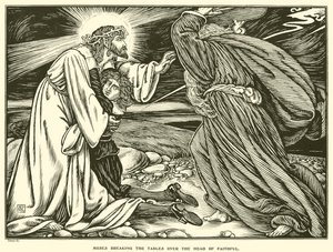 Moses zerbricht die Tafeln über dem Kopf des Gläubigen