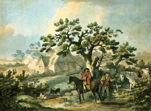 Rebhuhnjagd, radiert von Thomas Rowlandson, veröffentlicht von J. Harris, 1789 (farbige Radierung)