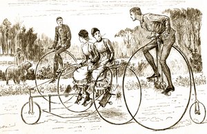 Karikatur einer Gruppe junger Leute, die Dreiräder fahren. Illustriert von George du Maurier (1834-1896), einem französisch-britischen Karikaturisten und Autor