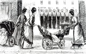 Eine Gravur, die Kindermädchen zeigt, die Kinder in Kinderwagen schieben. Illustriert von George du Maurier (1834-1896), einem franco-britischen Karikaturisten und Autor