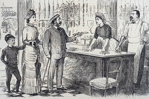 Karikatur, die das wackelige Verständnis des durchschnittlichen Engländers für das metrische System kommentiert von George du Maurier