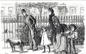Karikatur, die eine Familie zeigt, die durch die Straßen des viktorianischen Londons geht