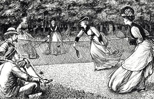 Karikatur, die ein Tennisspiel zeigt von George du Maurier