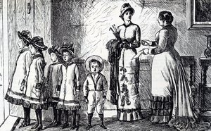 Karikatur, die eine Mutter mit ihren Kindern zeigt von George du Maurier