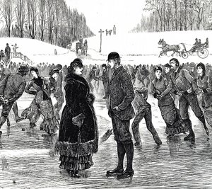 Gravur, die ein mittelaltes Paar beim Eislaufen zeigt von George du Maurier