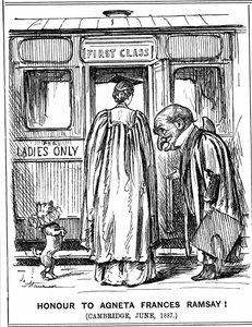 Mr. Punch verneigt sich vor Agneta Frances Ramsay, die mit Auszeichnung bestand, aber keinen Abschluss erhalten konnte, da Cambridge zu dieser Zeit keine Abschlüsse an Frauen vergab. George du Maurier Karikatur aus Punch, London, 2. Juli 1887. Gravur von George du Maurier