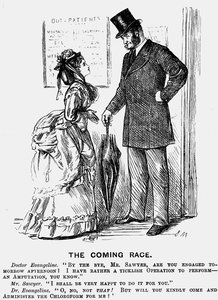 Die kommende Rasse. Der Chirurg der Zukunft. George du Maurier Karikatur aus Punch London 14. September 1872 zeigt die herablassende Haltung, die Frauen im medizinischen Beruf von männlichen Kollegen erwarten konnten. Gravur. von George du Maurier