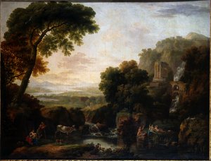 Italienische Landschaft mit einer Capriccio-Ansicht von Tivoli, einem Hirten und einer Hirtin und Vieh von George the Elder Barret