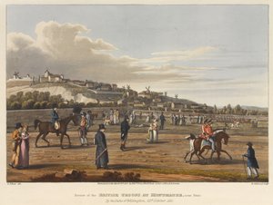 Parade der britischen Truppen bei Montmatre [sic], nahe Paris, durch den Herzog von Wellington, 21. Oktober 1815, gestochen von M. Dubourg, 1819 (farbige Aquatinta) von George the Elder Scharf