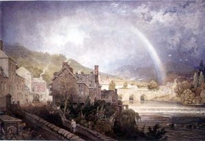 Dorf und Brücke von Llangollen, Nordwales, mit Regenbogeneffekt von George the Younger Barret