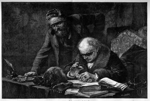 Ein Ägyptologe studiert ein archäologisches Stück aus Ägypten in seinem Büro. Gravur von Baude nach einem Gemälde von Moreau de Tours. Gravur in "Le Monde Illustré" von Georges (after) Moreau de Tours